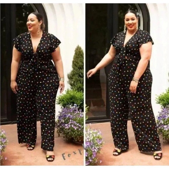 Eloquii Womens Flounce Sleeve Keyhole V Neck Polka Dot Jumpsuit Black Sz 14 - Picture 1 of 11